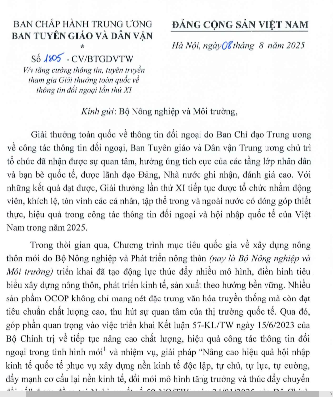 Công văn số 1805-CV/BTGDVTW ngày 08/8/2025 về việc tăng cường thông tin, tuyên truyền tham gia Giải thưởng toàn quốc về thông tin đối ngoại lần thứ XI